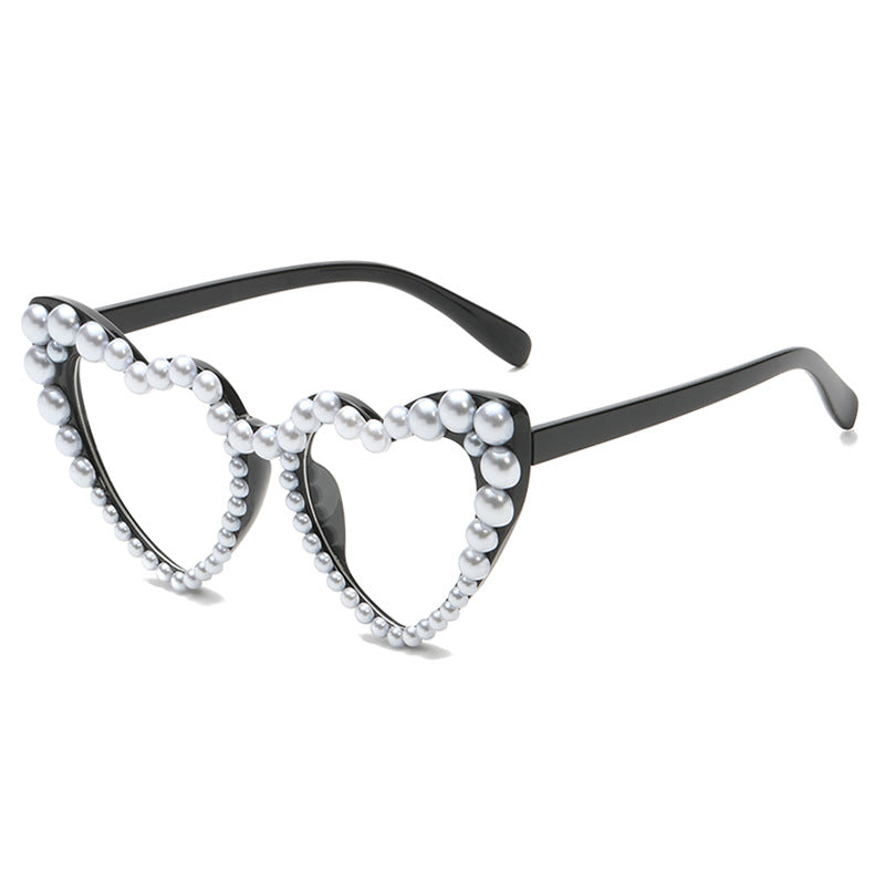 Women's fashion glasses 2022跨境大框架歪心欧美镶珍珠太阳镜桃心爱心女士墨镜防紫外线