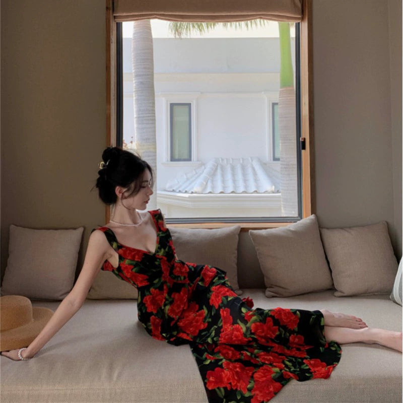 Fashion women's wear French Retro Tea Break Sling Ankle-Length Dress Women's Summer Seaside Holiday V-neck Rose Backless Slimming Dress