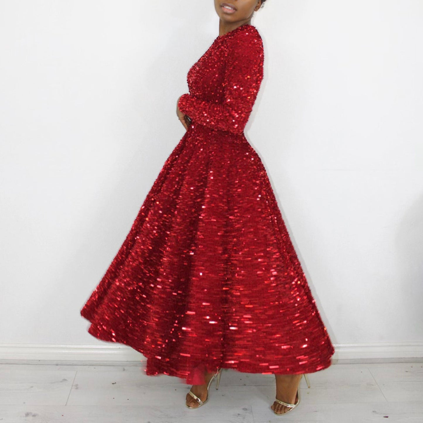 Fashion women's wear D469 Cross-Border New Arrival Women's round Neck Long Sleeve Pure Color Sequins High Waist Temperament Mid-Length Formal Dress European and American Style Dress
