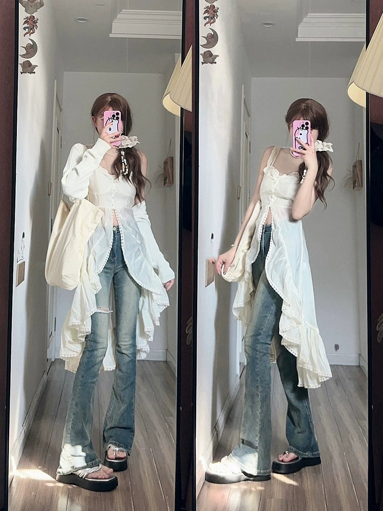Fashion women's wear French Tea Break Gentle Ruffled Splicing Sling Dress Women's Spring 2024 New Long Sleeve Two-Piece Suit with a Shawl