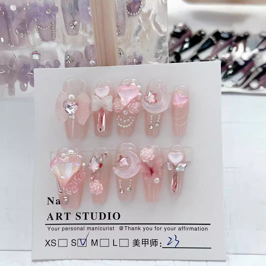 (Hand-Made Nail) Pure Desire Clear Feeling Gentle Fairy Girl Pile Rhinestone Nail Stickers Fake Nail Patch Wear Nail Tip Finished Product Detachable