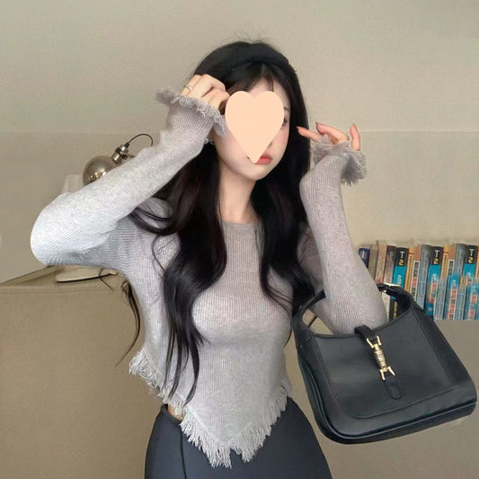 Dopamine tops Free shipping Tattoo Autumn and winter pure desire Su irregular knitted sweater top women's design sense slim fit sweet cool long sleeve short style tide