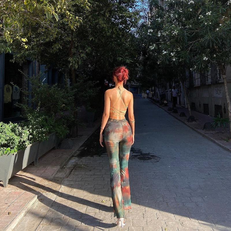 Free shipping   new fashion tie-dye printing slim-fitting high-waisted micro-pull pants women's casual pants