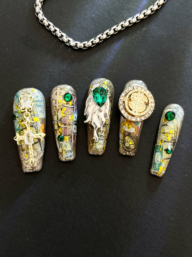 2024 New Original Paper Drunk Gold Fans Handmade Wear Armor Lucky Gold Long Ladder High-End Affordable Luxury Socialite Manicure
