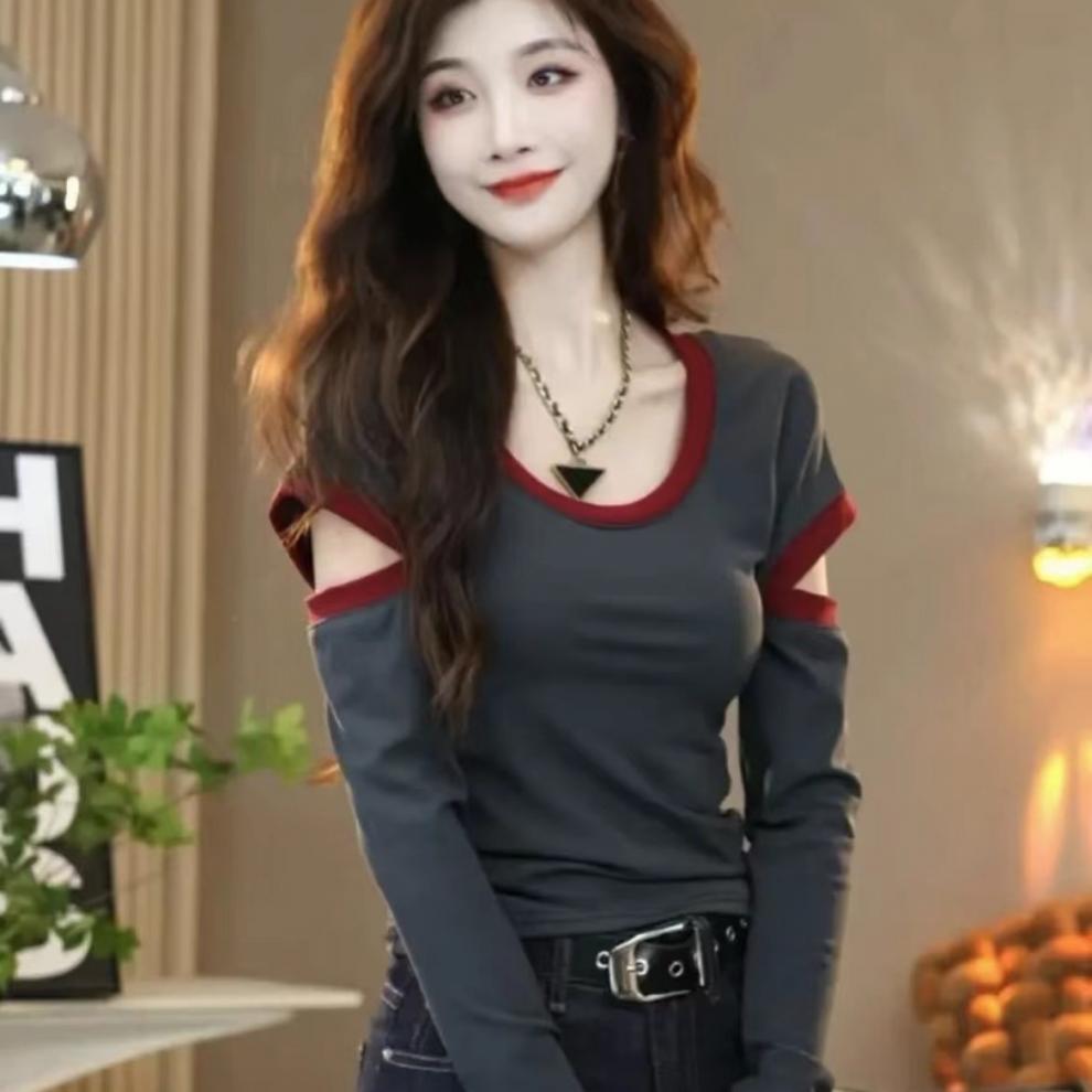 Free shipping Tattoo Douyin 2024 new autumn and winter contrasting color U-neck long-sleeved slim-fitting T-shirt foreign style bottoming shirt top women tops