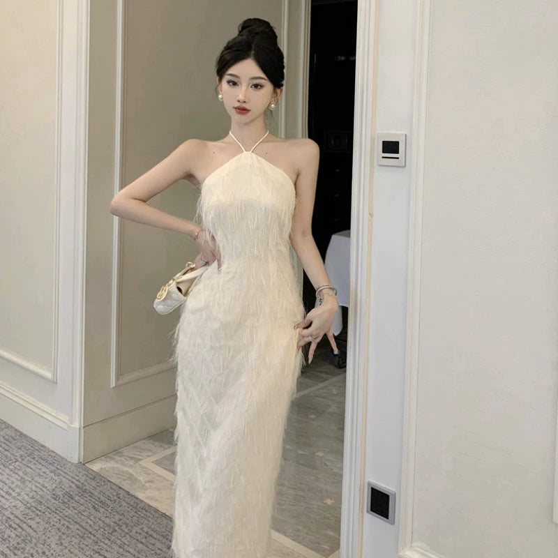 Fashion women's wear French Backless Tassel Halter Spaghetti Straps Dress Women's Spring Temperament Advanced Sexy Engagement License Birthday Party Formal Dress