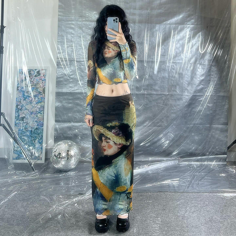 Fashion women's wear Q23tp663 American Fashion Girl Print Design Transparent Long Sleeves Cropped Top Long Skirt Women's Suit