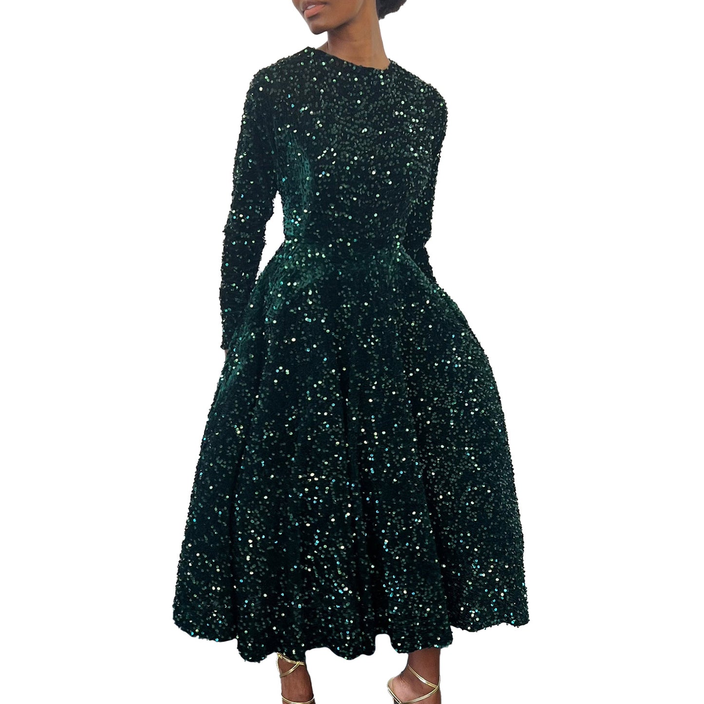 Fashion women's wear D469 Cross-Border New Arrival Women's round Neck Long Sleeve Pure Color Sequins High Waist Temperament Mid-Length Formal Dress European and American Style Dress