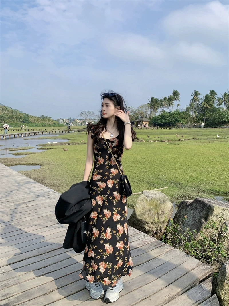 Fashion women's wear Tea Break French Floral Strap Dress Women's Summer Small Flounced Sleeve Tight Waist Fishtail Hip Skirt Seaside Holiday Beach Skirt