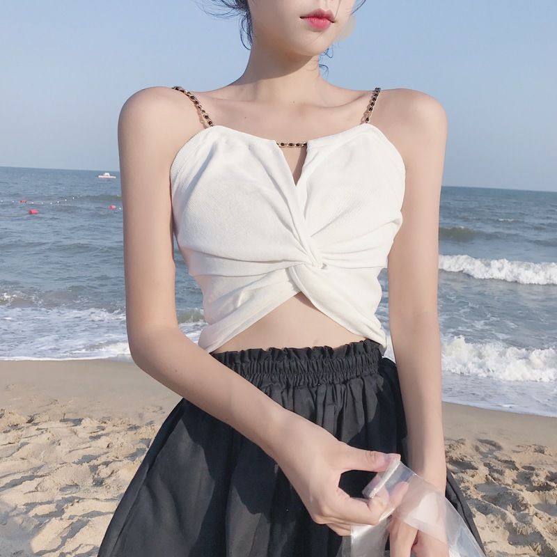 Free shipping  sexy high waist short open button top versatile metal chain tube top bottoming shirt tops