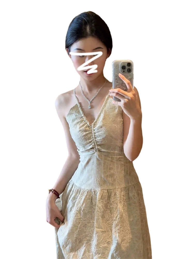 Fashion women's wear French Style V-neck Halter Sleeveless Sling Dress 2024 New Spring and Summer Design Sense Niche Waist-Slimming Long Dress Children