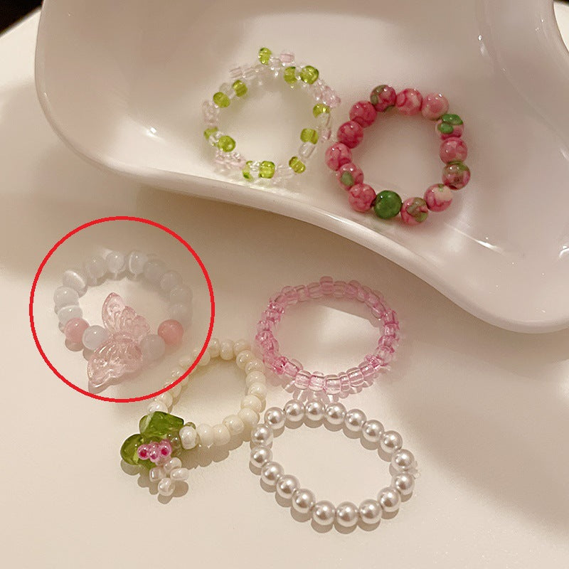 花朵珍珠猫眼石戒指韩国简约甜美食指戒ins高级感百搭手饰批发女