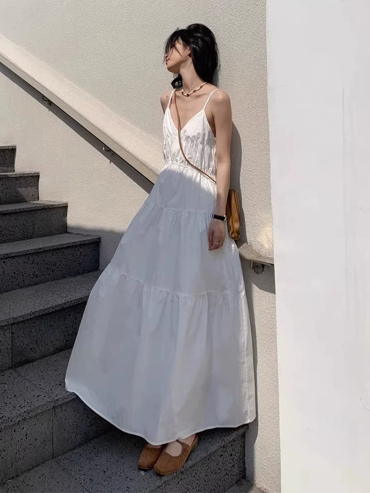 Fashion women's wear Tea Break French First Love White Suspender Dress Children Summer 2024 New Holiday High Sense Temperament Long Dress