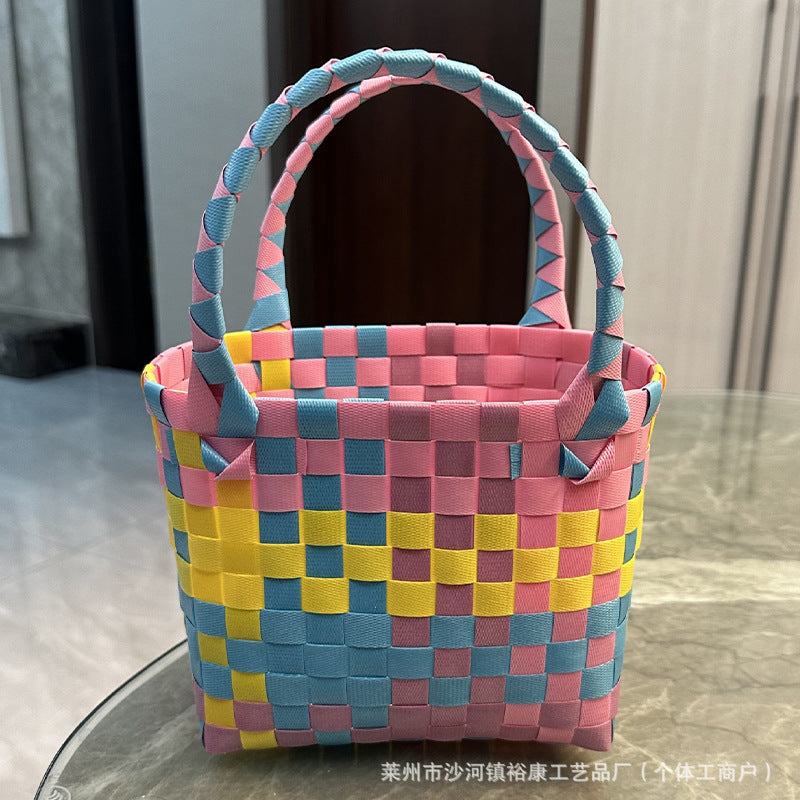 Dopamine Bag Free shipping Tattoo Cartoon dopamine plastic woven bag, trendy macaron hand-woven vegetable basket bag, cute casual seaside beach bag