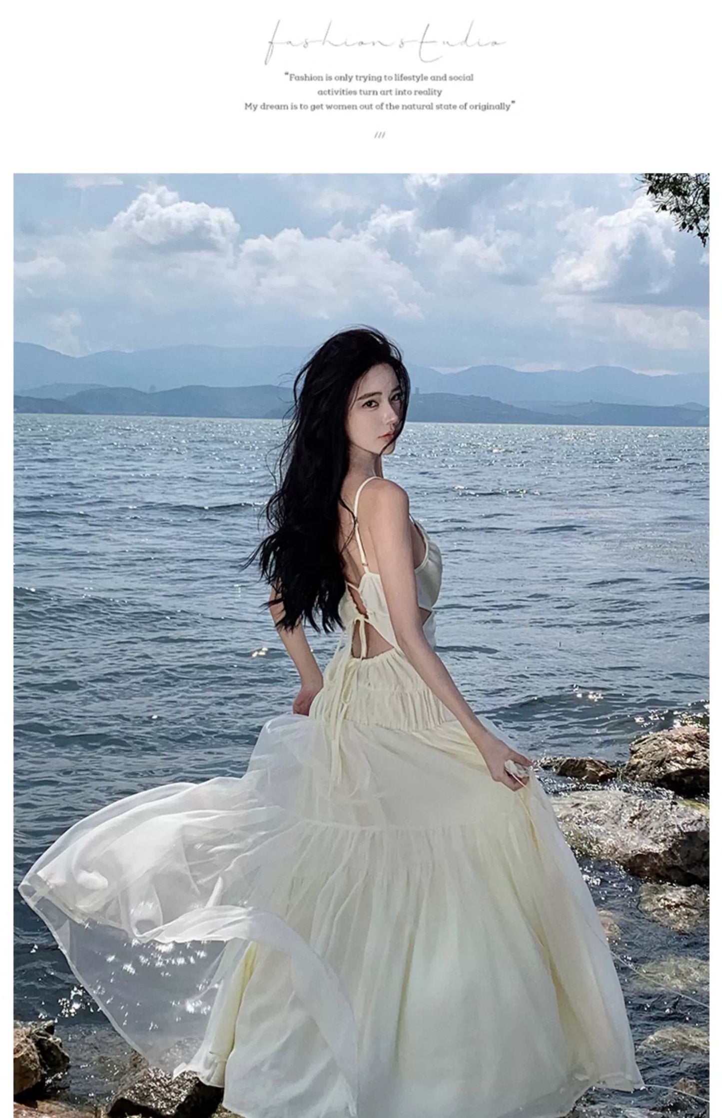 Fashion women's wear Tea Break French Advanced Sexy Backless Spaghetti Straps Dress Fairy Lady Super Fairy Gorgeous Seaside Vacation Beach Dress