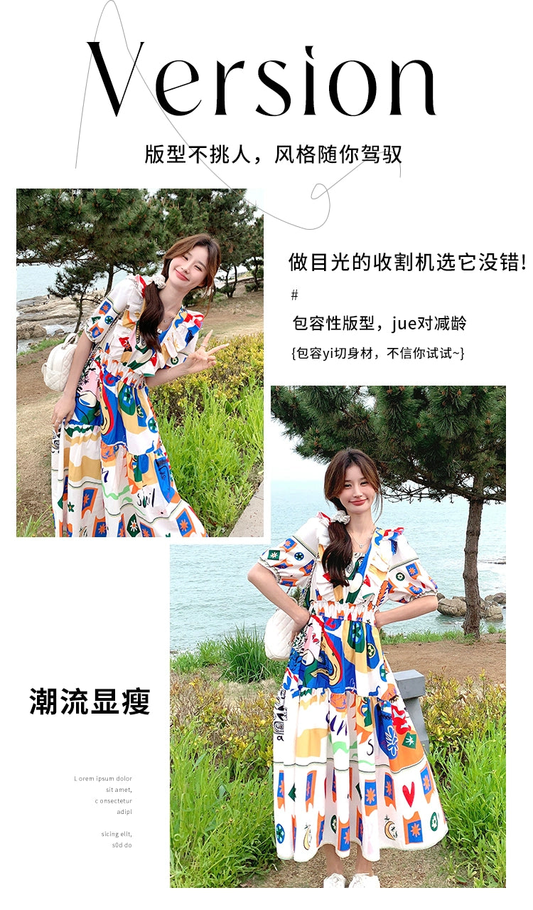 Dopamine dress Free shipping Tattoo Dopamine graffiti print dress women's summer 2024 new color art raw bubble sleeves age-reducing and thin dress