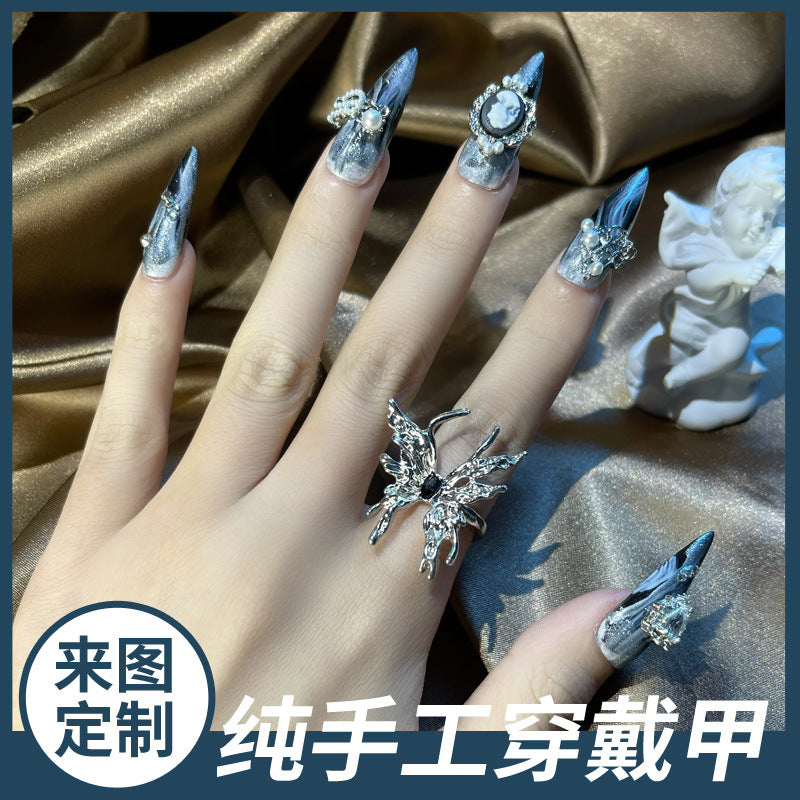 Hand-Made Nail Factory Straight Hair High-End Heavy Industry Dark Black National Style Lolita Long Nail Handmade Manicure