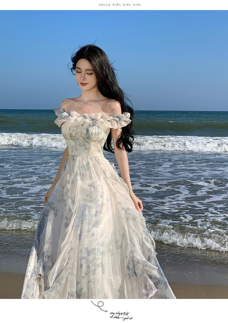 Fashion women's wear Seaside Vacation Style Suspender Skirt Yarn French Ruffled Beach Dress Atmosphere Long Skirt Elegant Fairy Style