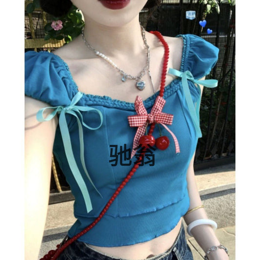 Dopamine tops Free shipping Tattoo Sweet dopamine braided rope bow lace-up short-sleeved T-shirt women's summer new cherry brooch short top