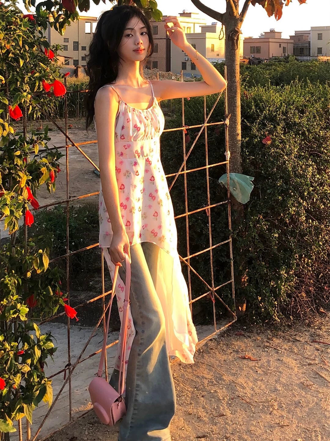 Fashion women's wear Girl Dress Irregular Floral Floral Dress Women's Summer Sweet Temperament Slant-Cut Bottom Waist Trimming Spaghetti Straps Long Dress