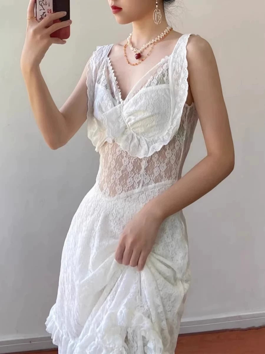 Fashion women's wear Sling Dress Women's Design Sense Niche Lace Sexy Inner Wear Base Dress Seaside Photograph Super Fairy Beach Skirt
