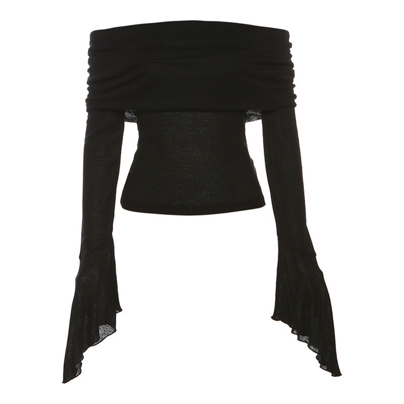 Free shipping Tattoo European and American style 2023 cross-border summer new women's clothing solid color slim fashion one-word collar sexy backless long-sleeved T-shirt tops