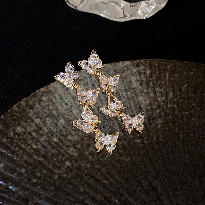银针锆石蝴蝶流苏耳环 小众创意设计感耳坠时尚轻奢ins风耳饰批发