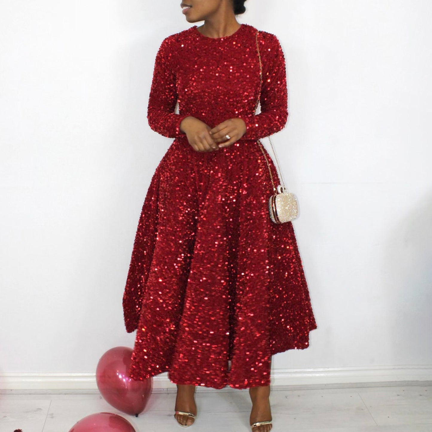 Fashion women's wear D469 Cross-Border New Arrival Women's round Neck Long Sleeve Pure Color Sequins High Waist Temperament Mid-Length Formal Dress European and American Style Dress
