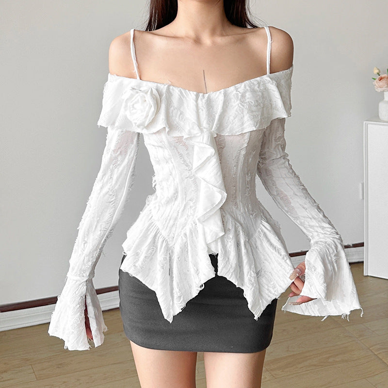 Free shipping new women's clothing solid color slim-fit street fashion one-word collar long-sleeved halter top tops