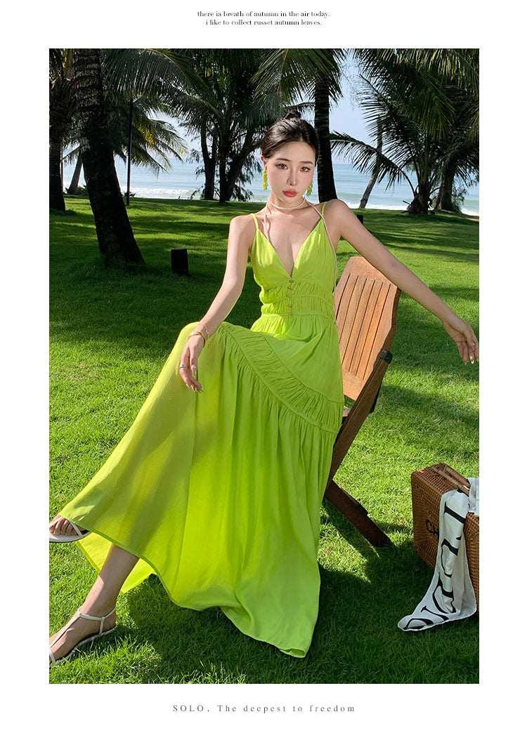 Fashion women's wear Summer Dopamine Seaside Vacation Deep V Dress Green Suspenders Ankle-Length Dress Sanya Slimming Beach Skirt Female