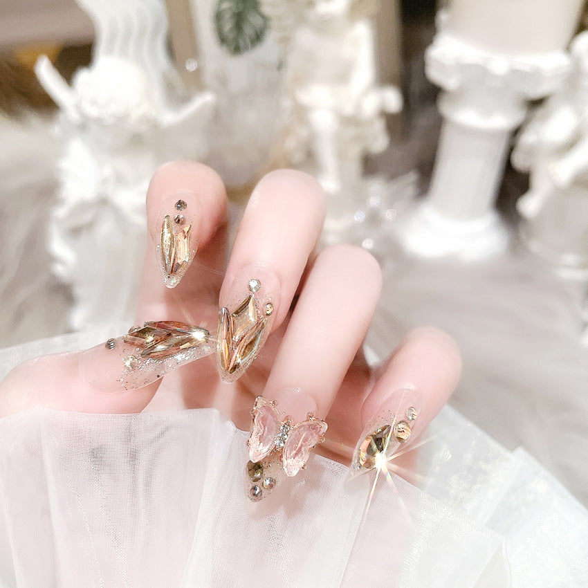 Fashion  nail Wear Armor Internet Celebrity Pure Desire Rhinestone Fake Nails Crystal Butterfly Nail Stickers Removable Finished Product New X68