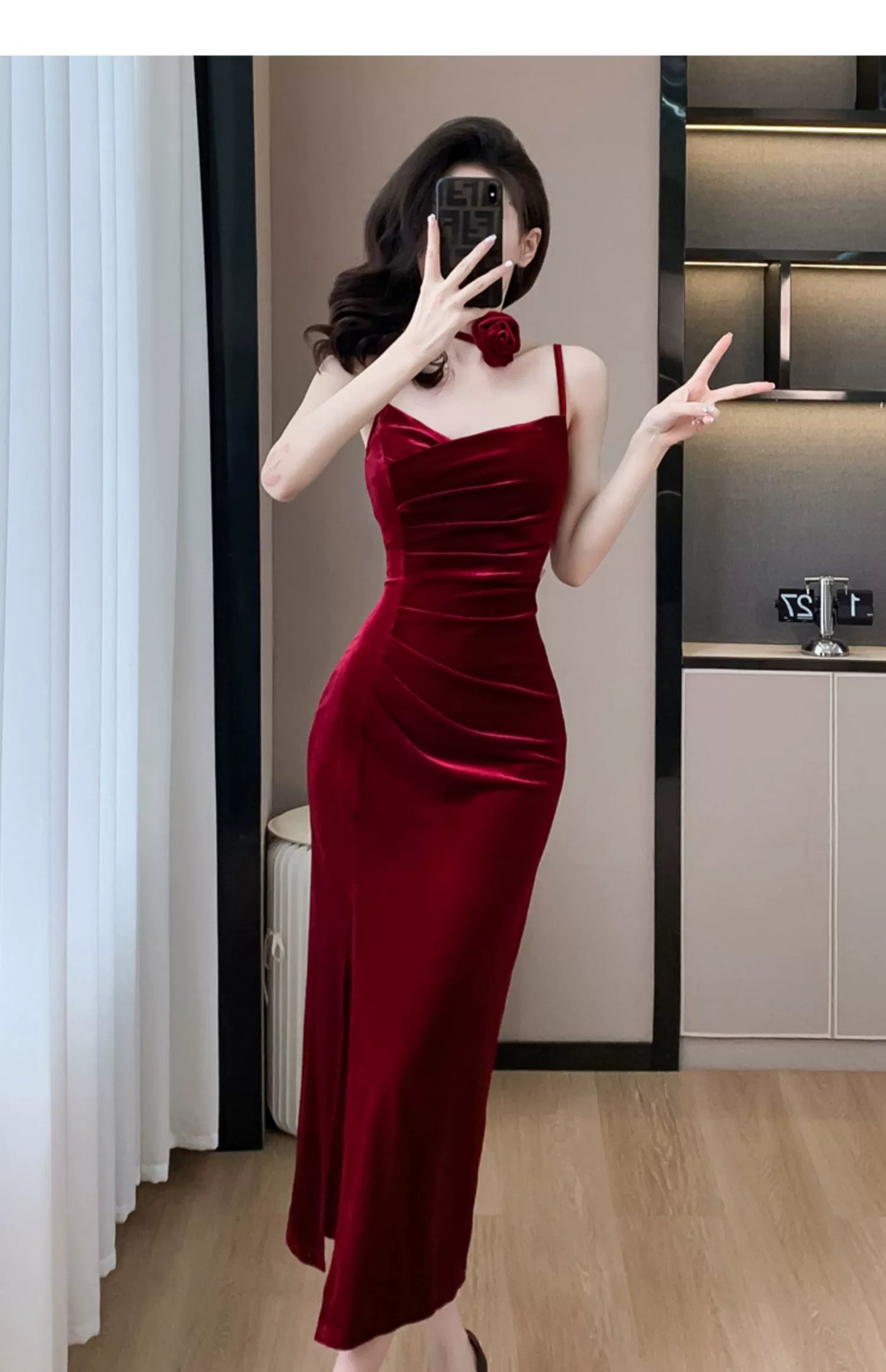 Fashion women's wear French Style Adult Lady like Woman Pleuche Spaghetti-Strap Dress Women's High-Grade Red Evening Dress 2024 Spring Women's Clothes Long Dress