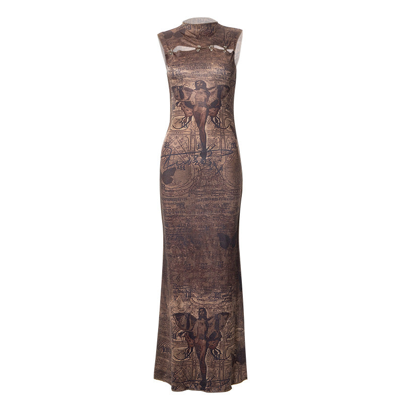 Fashion women's wear D22ds367 Autumn New 2024 round Neck Pullover Sleeveless Printed Hollow High Waist   Women's Clothing Dress Women