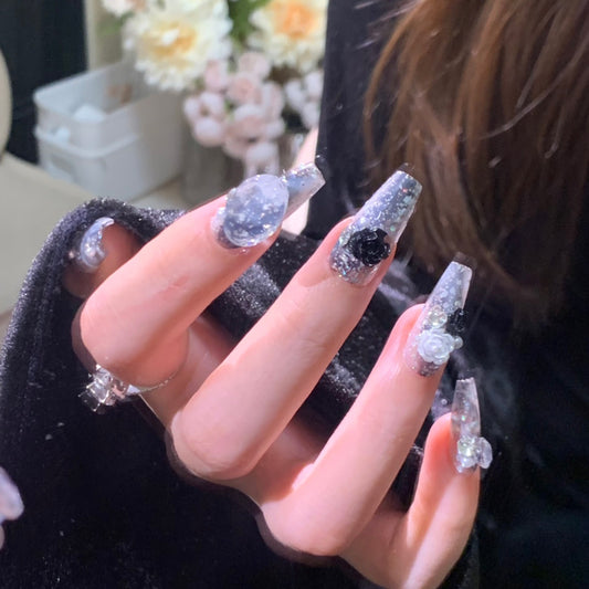 Hand-Made Nail Mid-Length Heavy Industry Stick-on Crystals Camellia Advanced Sense 2023 New Detachable Finished Nail Art