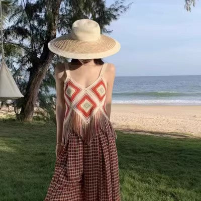 Dopamine tops Free shipping Tattoo Summer dopamine high-value fringed small suspender small fragrant versatile retro sweet hook-up hollow vest top