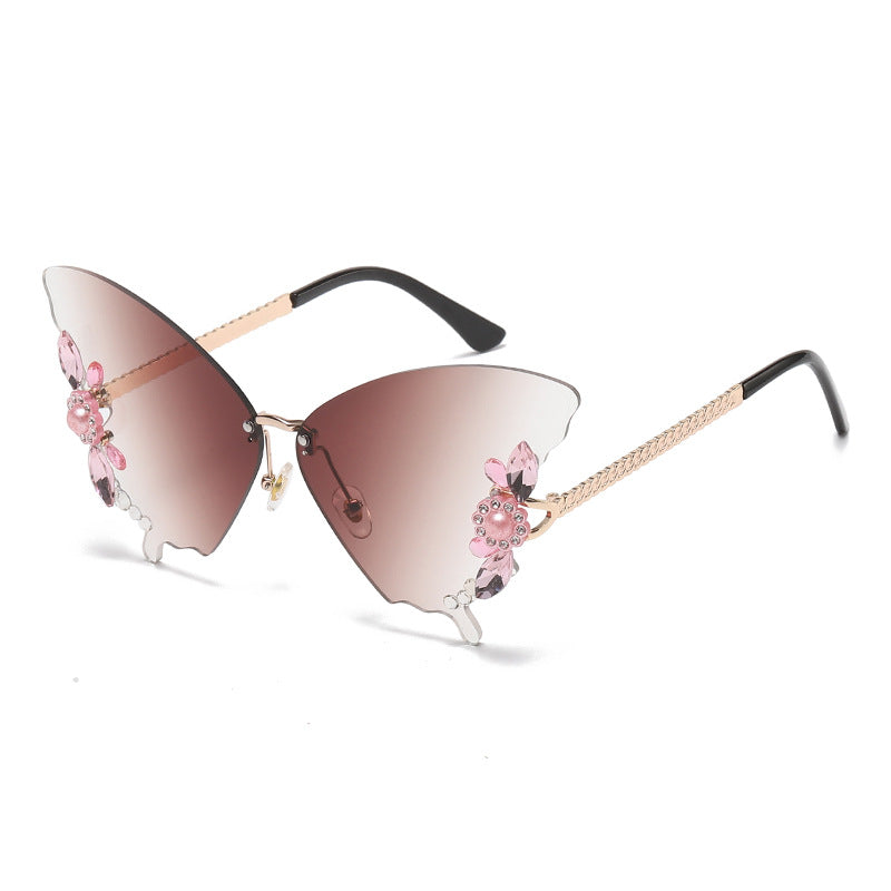 Women's fashion glasses 欧美跨境新款舞会蝴蝶形状镶钻无框太阳镜女夸张墨镜女圆脸大脸