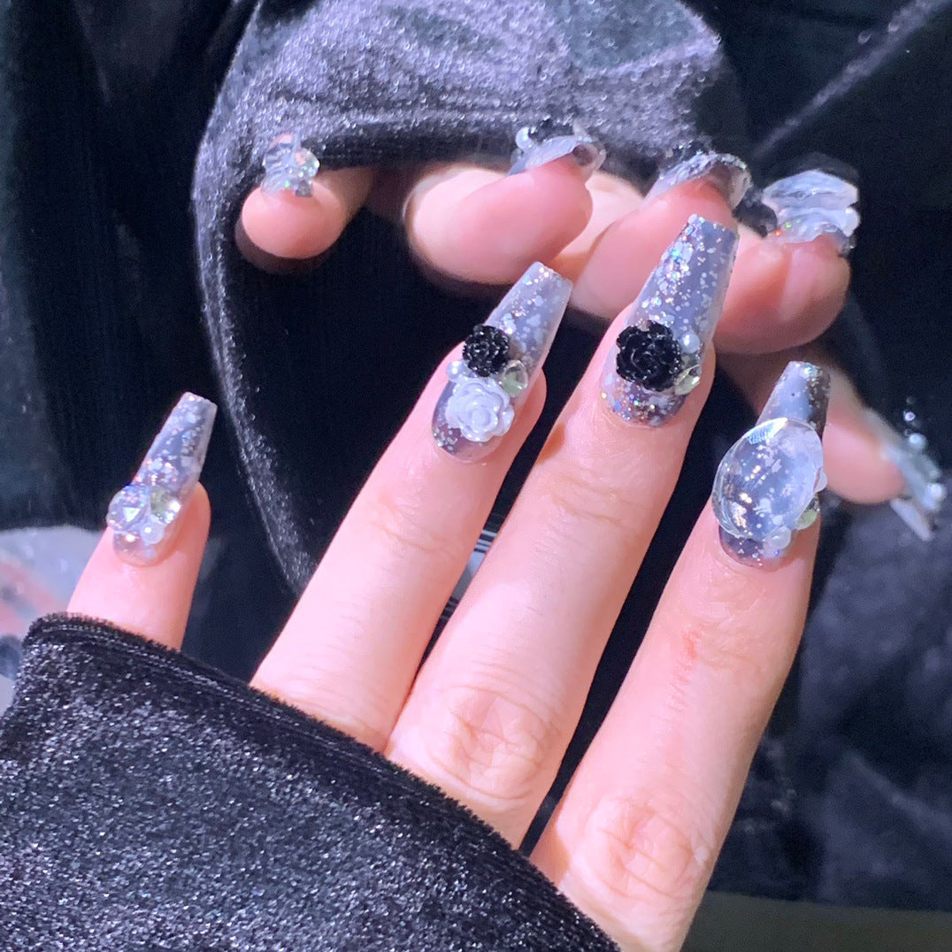 Hand-Made Nail Mid-Length Heavy Industry Stick-on Crystals Camellia Advanced Sense 2023 New Detachable Finished Nail Art