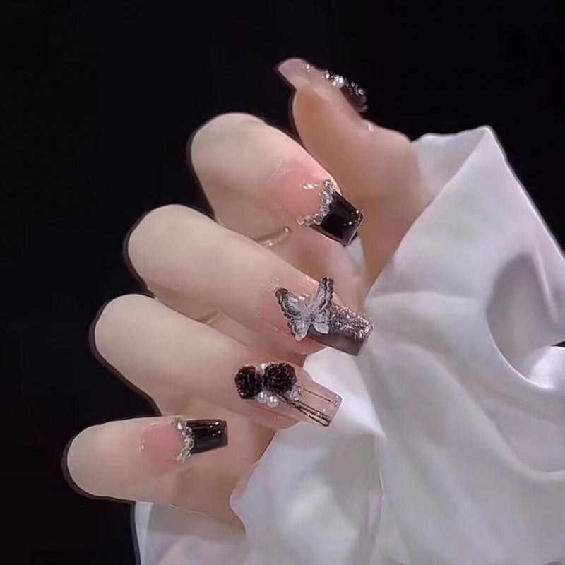 (reusable nail)Handmade Phototherapy Wearing Nail Black Camellia Flower Wearing Nail Wholesale Finished Products Reusable Nail Patch