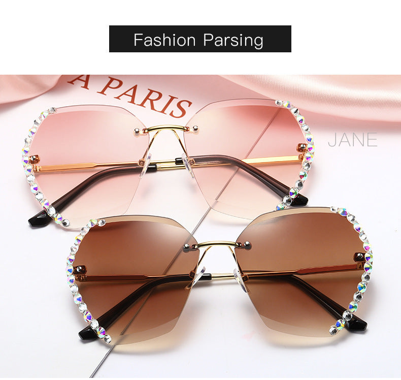 Women's fashion glasses 新款墨镜女韩版潮无框水晶切边太阳眼镜女士防紫外线镶钻太阳镜