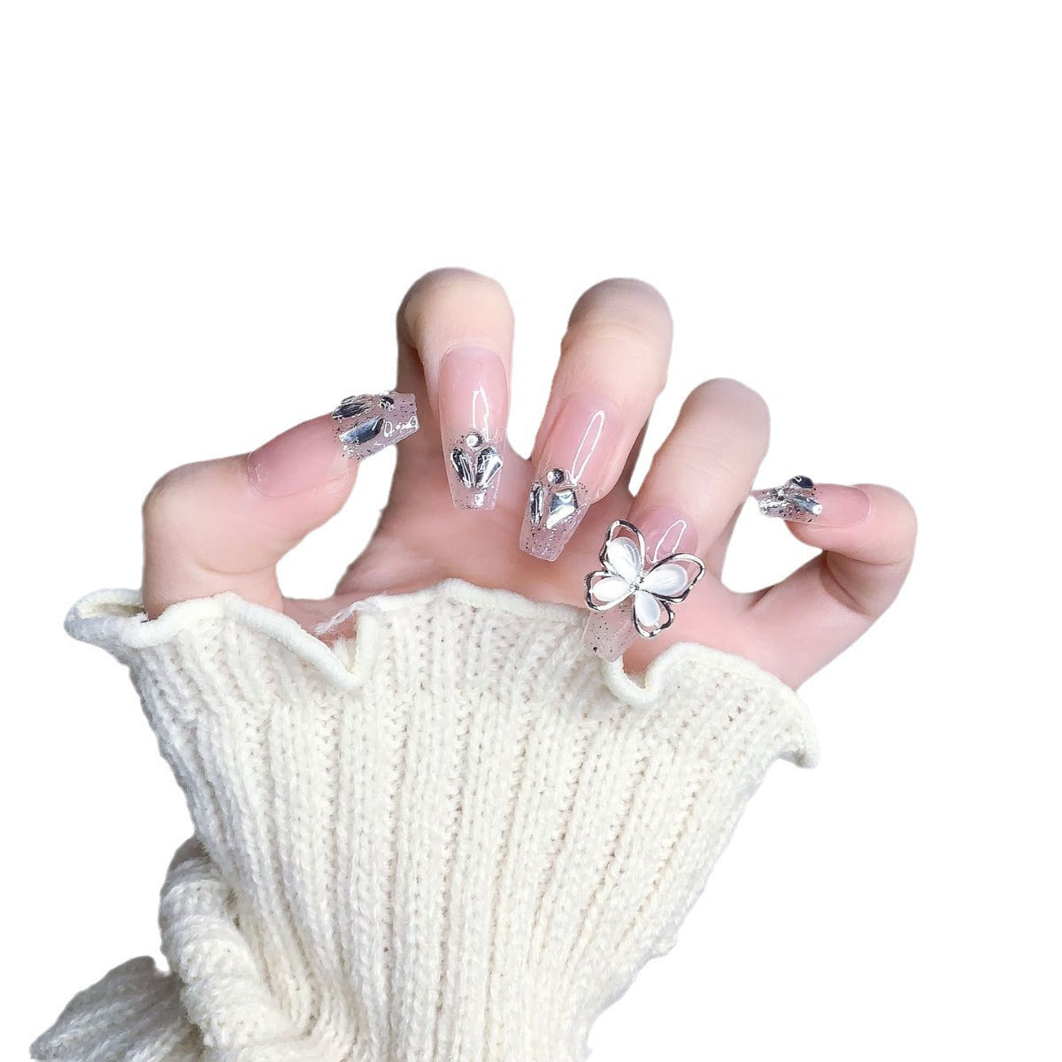 (Hand-Made Nail) Pink Icy Stick-on Crystals Butterfly High-Grade Sense Internet Celebrity Flash Fake Nails Handmade Wear Armor UV Nail
