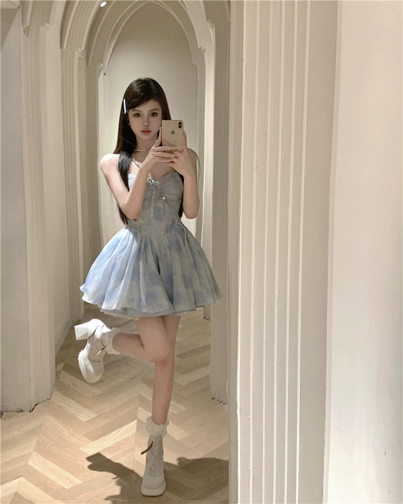 Fashion women's wear Tea Break French Style Fishbone Sling Dress Fairy Birthday Dinner Suit Disney Princess on the Run Bubble Skirt