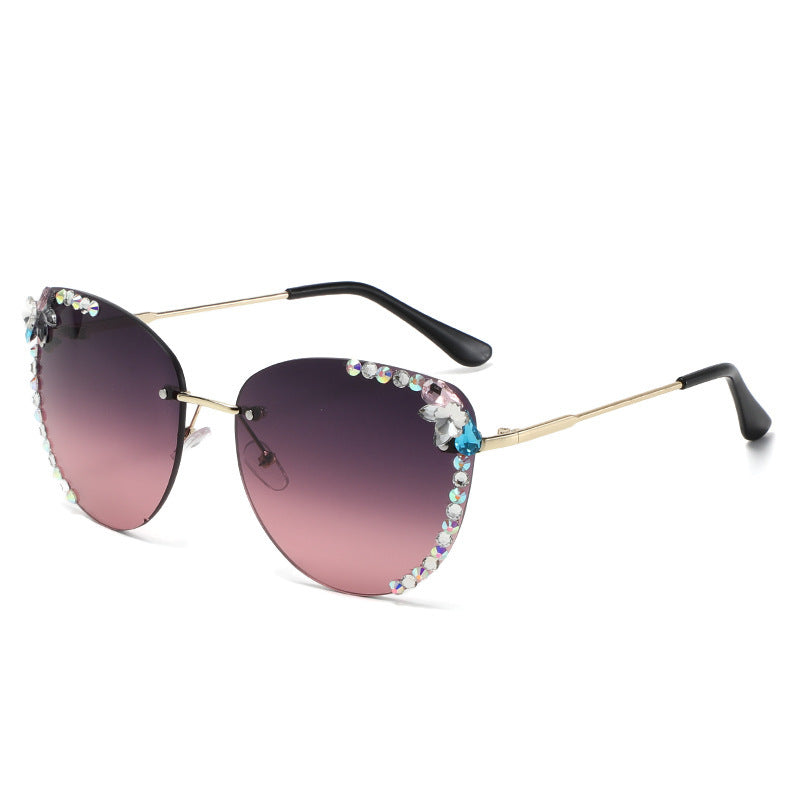 Women's fashion glasses 猫眼镶钻跨境大框架水钻墨镜显瘦太阳镜网红防紫外线韩版ins潮流