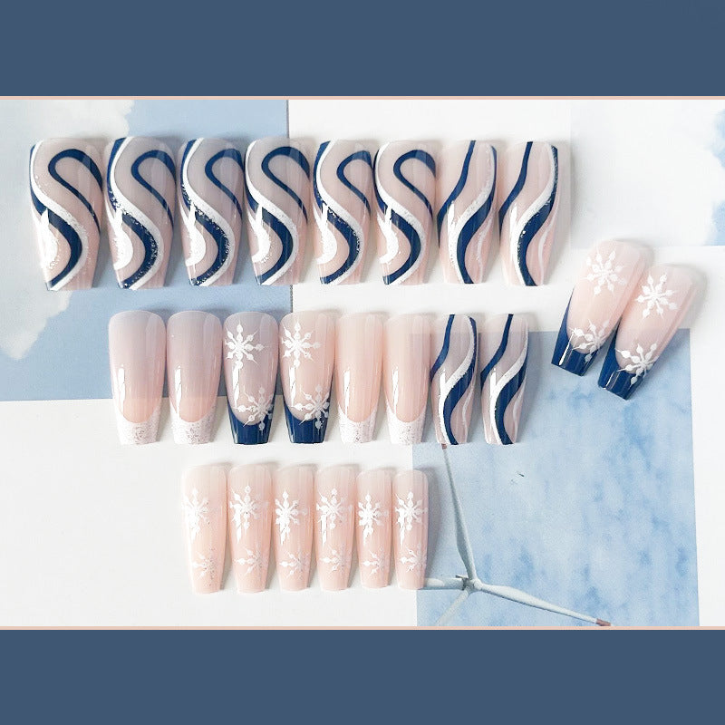 宝蓝雪花穿戴甲裸色nails 法式跨境美甲片外贸假指甲长甲美甲贴片