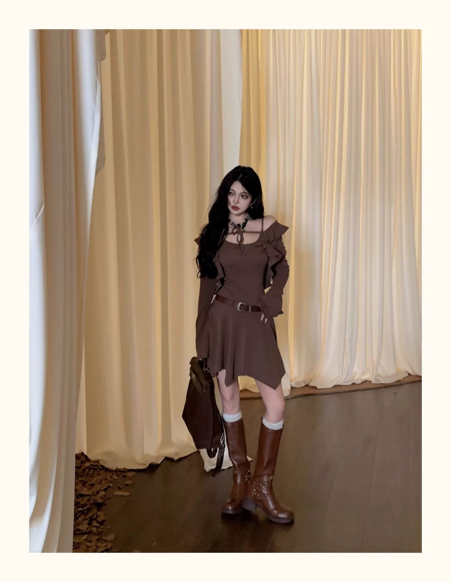 Fashion women's wear Brown Sleeveless Sling Dress Women's Summer Hot Girl Fitted Waist Pleated A- line Short Skirt Ruffled Cardigan Two-Piece Set
