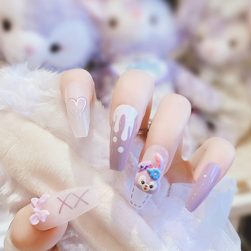 Fashion  nail New Purple Rabbit Cute Long Finished Nail Beauty Wearable Fake Nails Removable Nail Tip Wearable Armor X71