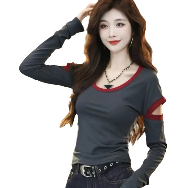 Free shipping Tattoo Douyin 2024 new autumn and winter contrasting color U-neck long-sleeved slim-fitting T-shirt foreign style bottoming shirt top women tops
