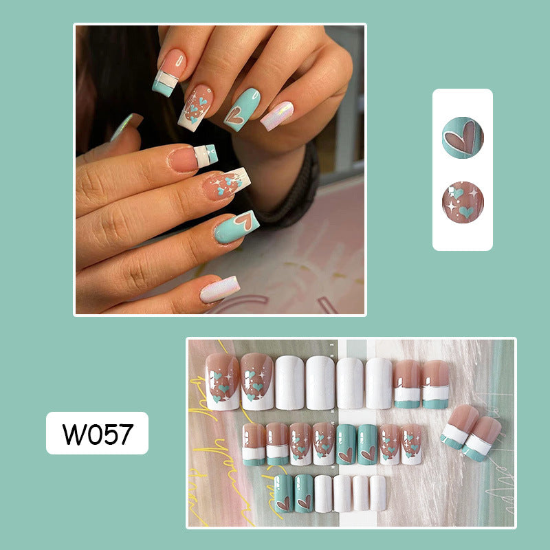 湖绿爱心穿戴甲线条nails 法式跨境美甲片外贸假指甲长方甲美甲贴