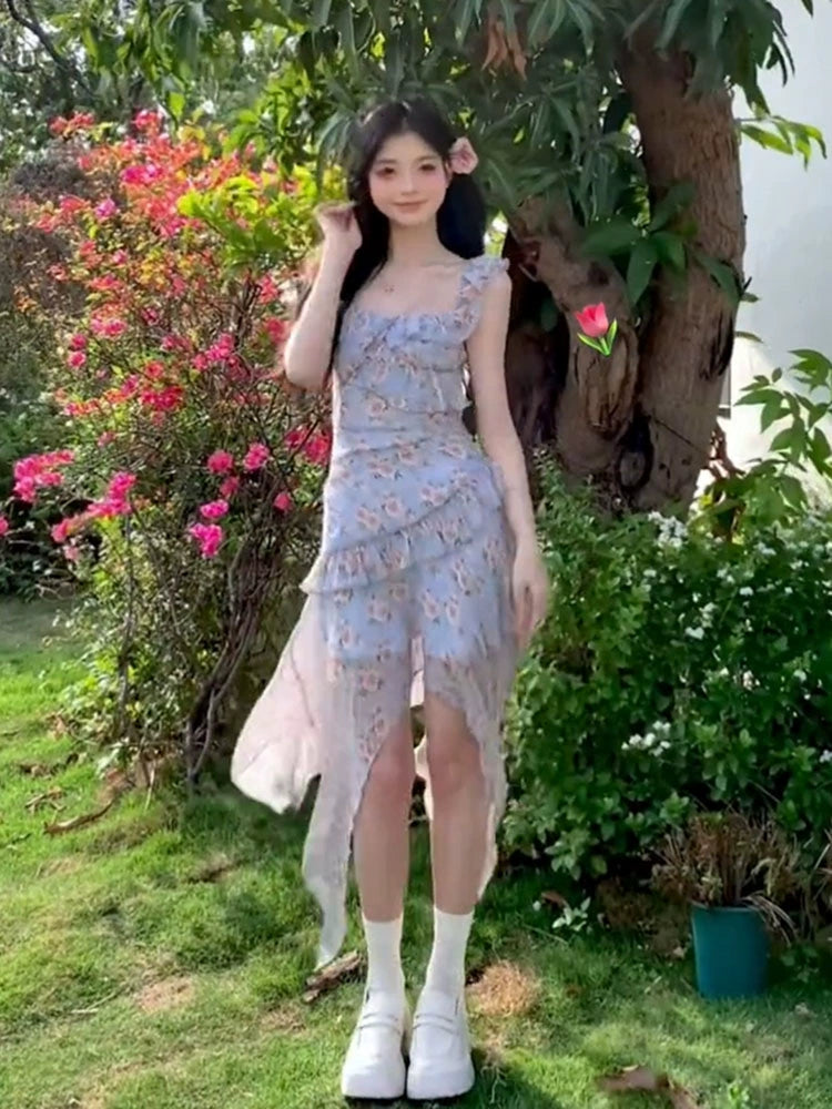 Fashion women's wear French Style Irregular Design Floral Strap Dress Women's 2024 Summer New Sweet Small Long Skirt