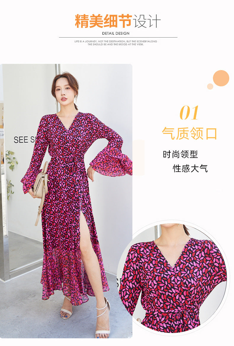 Fashion women's wear Small Red Lip Lantern Sleeve Collarless Long Dress One-Piece Elegant New Leopard Print Printed V-neck Lace-up Wrap Skirt
