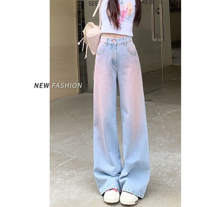 Free shipping Gradual change color design sense blush jeans women's summer dopamine loose and thin straight versatile high waist wide leg pants